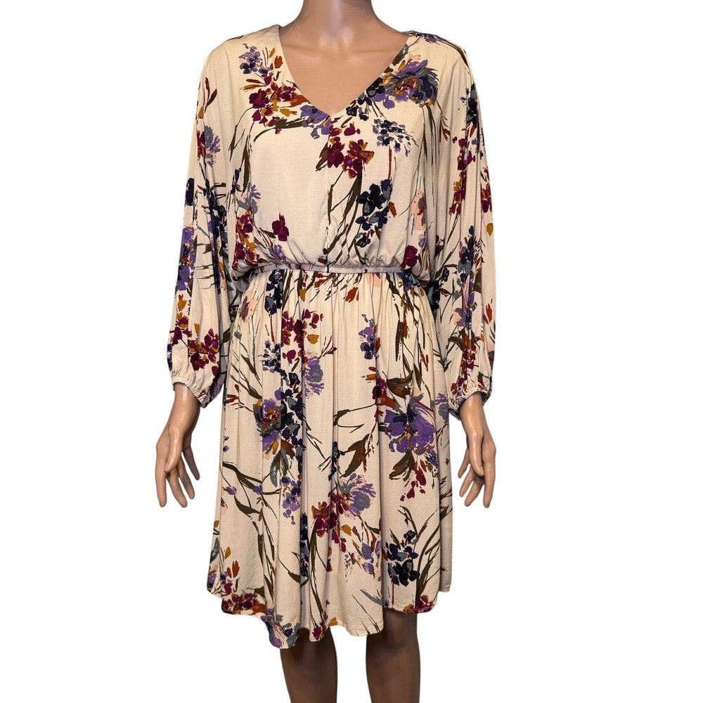 Andree By Unit‎ Cream Floral Print V Neck Long Sleeve Dress Boho Chic Women's